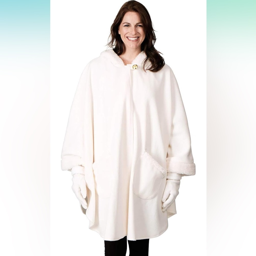 Le Moda Ladies Sherpa Trim Hooded Wrap Winter Collection One Size poncho cream